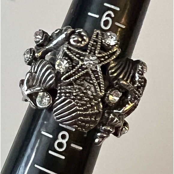Seashell Beach Motif Silver Tone with rhinestones Ring sz 7 - Picture 5 of 12